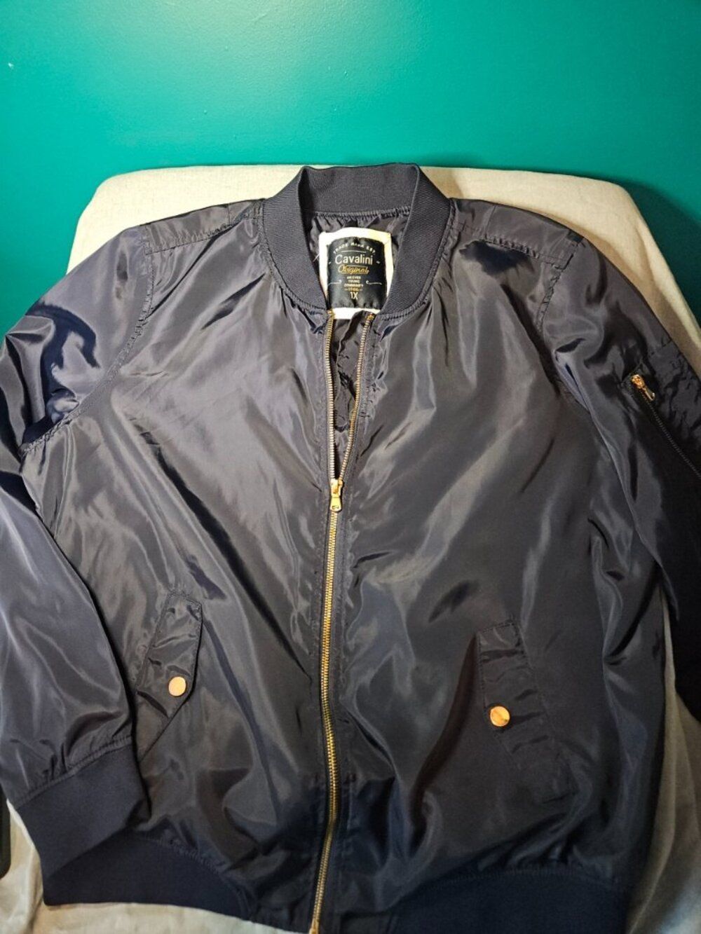 Cavalini Original‎ Navy Blue Gold Zip Utility Flight Bomber Jacket - 1X